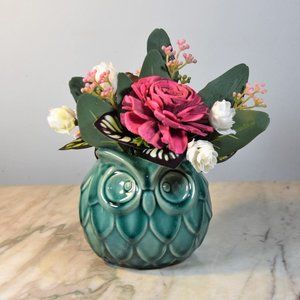 Wise Owl! 4 inch Aqua ceramic owl planter with sustainable Sola wood roses